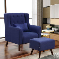 Linen Wingback Armchair And Footstool, Dark Blue
