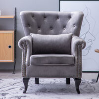 Livingandhome Grey Velvet Chesterfield Rolled Armchair with Thick Cushion and Lumbar Piilow