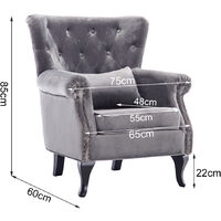 Livingandhome Grey Velvet Chesterfield Rolled Armchair with Thick Cushion and Lumbar Piilow