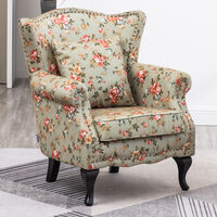 Livingandhome Floral Wingback Armchair with Thick Cushion and Pillow