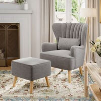Livingandhome Grey Linen Armchair with Footstool and Pillow