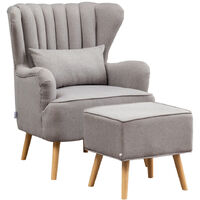 Livingandhome Grey Linen Armchair with Footstool and Pillow
