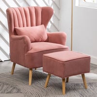 Livingandhome Occasion Suede Wingback Armchair with Footstool and Pillow, Pink