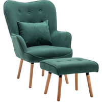 Livingandhome Velvet Wingback Lounge Armchair with Footstool and Pillow, Green