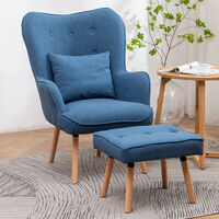 Livingandhome Linen Wingback Lounge Armchair with Footstool and Pillow, Blue