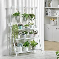 3 Tier Foldable Plant Stand Ladder Shelf with Hanging Bar, White