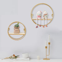Livingandhome Gold Metal Round Wall Shelf Display Storage Rack, 25x10CM