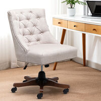 Livingandhome Linen Office Chair Wide Buttoned Back 5-Claw Wood Legs, Beige