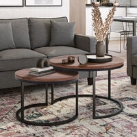 Set of 2 Coffee Table Stacking Nested Side Table Round Wood Metal Furniture