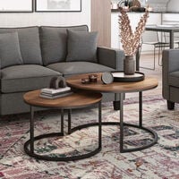 Set of 2 Coffee Table Stacking Nested Side Table Round Wood Metal Furniture