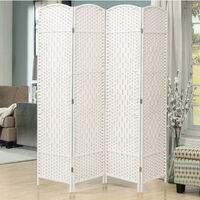 White Solid Weave Wicker Wood Room Divider, 4 Panel