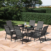 Set of 7 Garden 120CM Rectangle Glass Umbrella Table and Folding Chairs Set