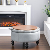 Linen Fabric Storage Ottoman Footstool Chair Round Buttoned Footrest Seat Wood Top End Table