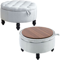 Linen Fabric Storage Ottoman Footstool Chair Round Buttoned Footrest Seat Wood Top End Table