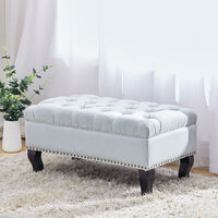 Livingandhome Linen Upholstered Chesterfield Buttoned Footstool, Grey White