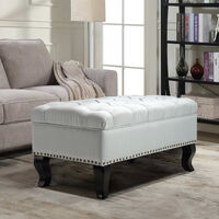 Livingandhome Linen Upholstered Chesterfield Buttoned Footstool, Grey White