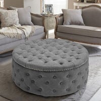 Round Coffee Table Upholstered Chesterfield Footstool Pouffe Foot Stool Seat, Light Grey