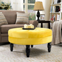 Yellow Velvet Round Buttoned Footstool With 4 Wood Legs