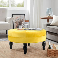 Yellow Velvet Round Buttoned Footstool With 4 Wood Legs