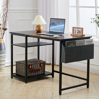 Livingandhome 120CM Large Computer Office Desk with 2 Tier Storage Shelf and Side Storage Bage, Black and Brown