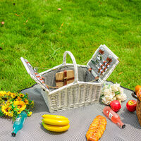 Livingandhome Wicker Picnic Basket Checkered Lining with Picnic Blanket Utensils