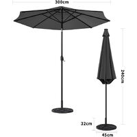 3M Large Garden LED Parasol Outdoor Beach Umbrella with Light Sun Shade Crank Tilt with Round Base, Gark Grey