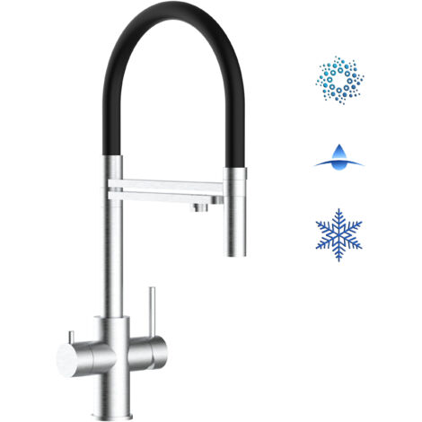 Rubinetto 5 vie miscelatore lavello cucina in Acciaio INOX Spazzolato - canna nera movibile e doccia 2 getti staccabile - ACCIAIO CHIRURGICO AISI 316