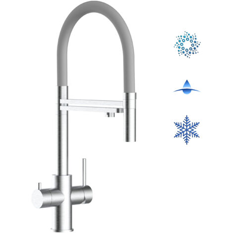 Rubinetto 5 vie miscelatore lavello cucina in Acciaio INOX Spazzolato - canna grigia movibile e doccia 2 getti staccabile - ACCIAIO CHIRURGICO AISI 316