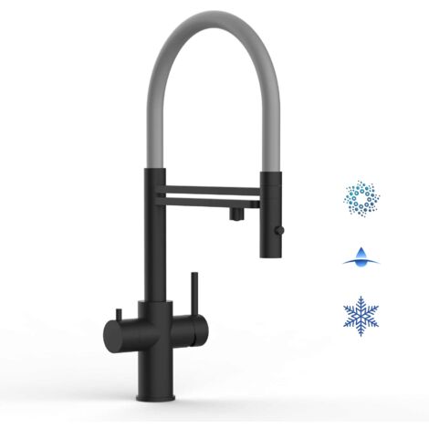 Rubinetto 5 VIE miscelatore lavello cucina in ACCIAIO INOX, canna girevole 360° e doccetta 2 getti movibile, PVD Nero Opaco / Grigio