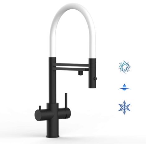 Rubinetto 5 VIE miscelatore lavello cucina in ACCIAIO INOX, canna girevole 360° e doccetta 2 getti movibile, PVD Nero Opaco / Bianco