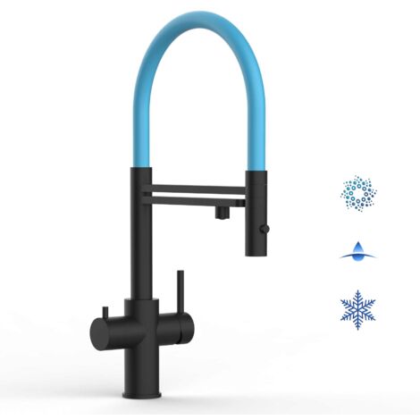 Rubinetto 5 VIE miscelatore lavello cucina in ACCIAIO INOX, canna girevole 360° e doccetta 2 getti movibile, PVD Nero Opaco / Azzurro