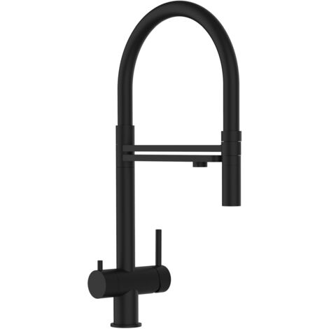 Rubinetto 3 VIE miscelatore lavello cucina in ACCIAIO INOX, canna girevole 360° e doccetta 2 getti movibile, PVD Nero Opaco (1/5)