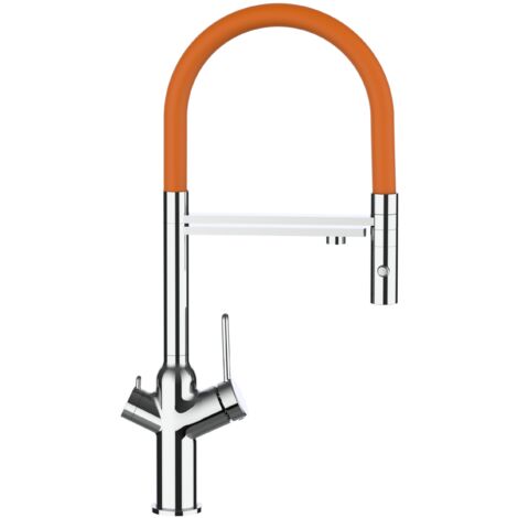 Rubinetto 3 vie miscelatore cucina cromato con canale separato per acqua filtrata, canna arancione movibile e doccia due getti staccabile - serie BOD (1/5)