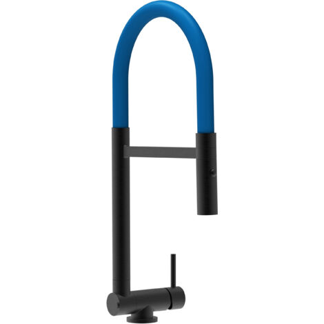 Rubinetto abbattibile a soli 4,5 cm, miscelatore cucina Nero Opaco per sottofinestra canna blu movibile e doccia due getti staccabile (1/5)