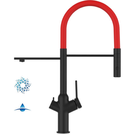 Rubinetto 4 vie miscelatore cucina Nero Opaco con canale separato per acqua filtrata, canna rossa movibile e doccia due getti staccabile - serie BOD (1/5)
