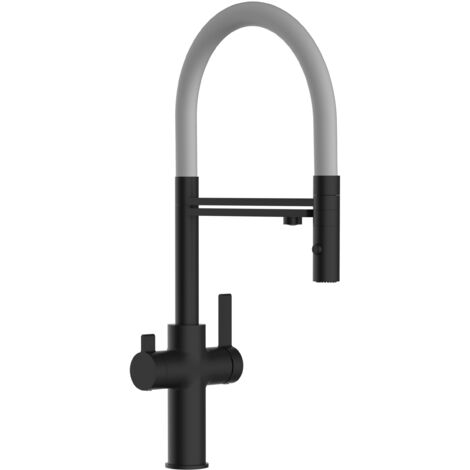 Rubinetto 3 vie miscelatore cucina Nero Opaco con canale separato per acqua filtrata, canna grigia movibile e doccia due getti staccabile - Serie FC (1/5)
