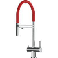 Rubinetto 3 vie miscelatore lavello cucina VIZIO in Acciaio INOX Lucido - Canna rossa movibile e doccia due getti staccabile - ACCIAIO CHIRURGICO AISI 316