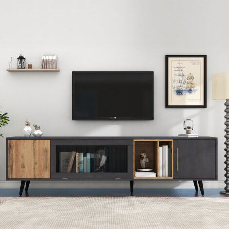 URBAN MEUBLE Meuble TV gris et verre ondulé avec 3 portes battants niche ouvert rangement 200 x 40 cm (1/5)