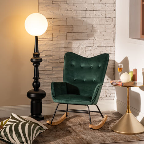 URBAN MEUBLE Fauteuil à bascule Scandinave velours vert pieds en bois foncé