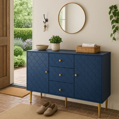 URBAN MEUBLE Meuble à chaussures bleu marine avec 2 portes et 3 tiroirs 120x40x82cm (1/5)
