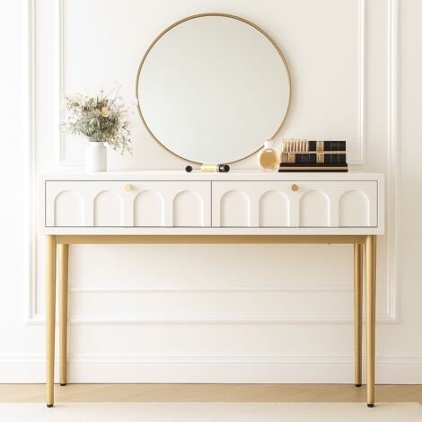 URBAN MEUBLE Coiffeuse élégante avec 2 tiroirs blanc crème structure et poignée dorée 100x45cm (1/5)