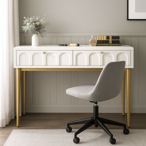 URBAN MEUBLE Bureau élégante avec 2 tiroirs blanc crème structure et poignée dorée 100x45cm (1/5)