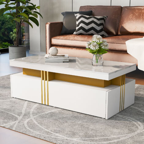 URBAN MEUBLE Table basse rectangulaire effet marbre blanche brillante avec 2 tiroirs 100x50x40 cm (1/5)