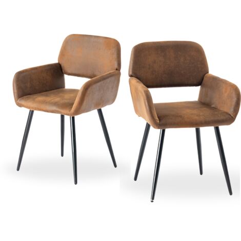 URBAN MEUBLE Lot de 2 chaises de bureau vintage en daim marron rétro, pieds en métal noir (1/5)