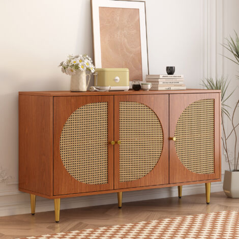 URBAN MEUBLE Buffet effet bois noyer avec 3 portes en rotin poignées pieds dorés 129,8x40x76cm (1/5)