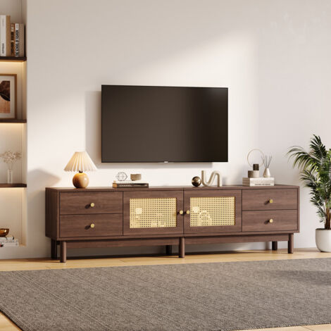 URBAN MEUBLE Meuble TV style vintage effet bois noyer avec 2 portes en rotin, 4 tiroirs 180x35x44cm KUQON (1/5)