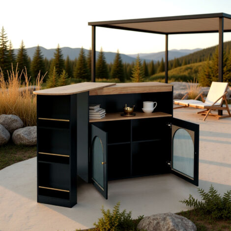 URBAN MEUBLE Table de bar d'extérieur extensible pivotante noire avec rangement et bandes lumineuses LED à couleur réglable