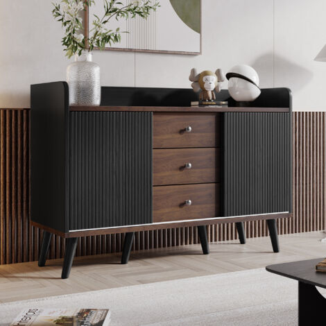 URBAN MEUBLE Buffet élégant vintage effet bois noyer et noir avec 2 portes coulissantes 117.5x39x80cm (1/5)