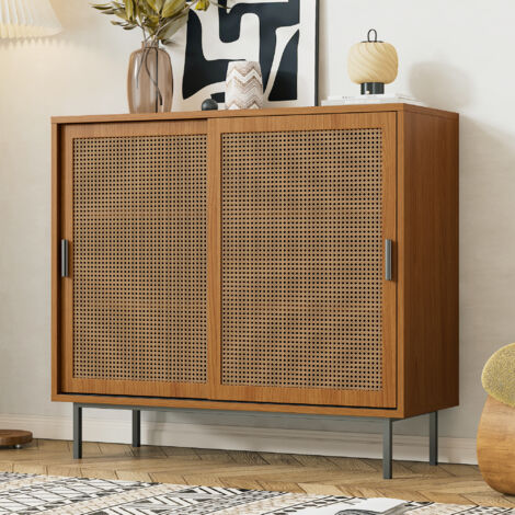 URBAN MEUBLE Buffet effet bois 2 portes coulissantes en rotin 100x37x90cm (1/5)