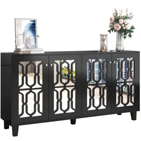 URBAN MEUBLE Buffet noir design 4 portes miroir motif géométrique et poignées en cristal froid 160x40x84cm (1/5)